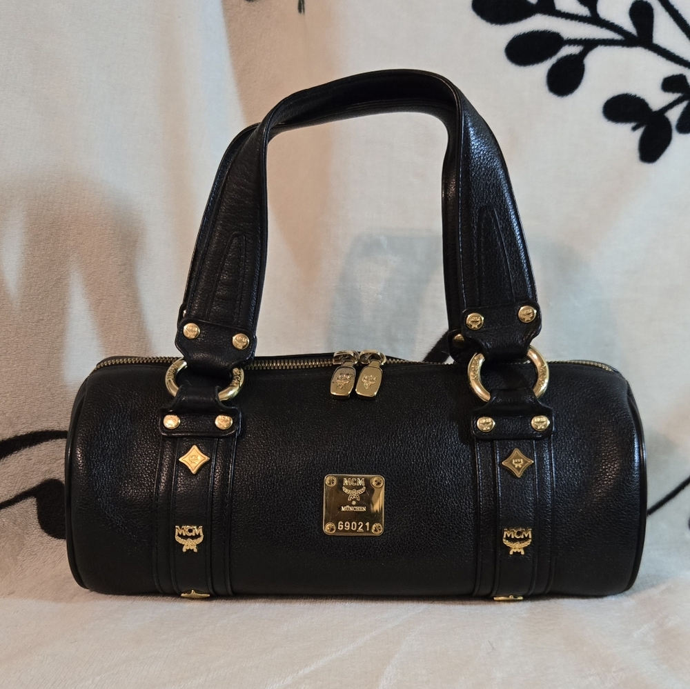 💯 Authentic MCM Studded Heritage Barrel Bag (Black Papillon)